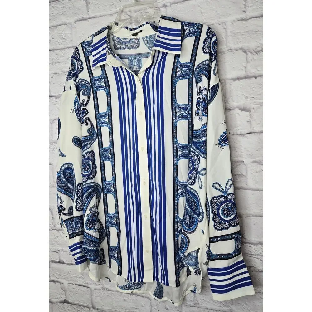 Express Portofino Shirt Womens Large Blue Paisley Striped Oversized Career Satin - Picture 3 of 8